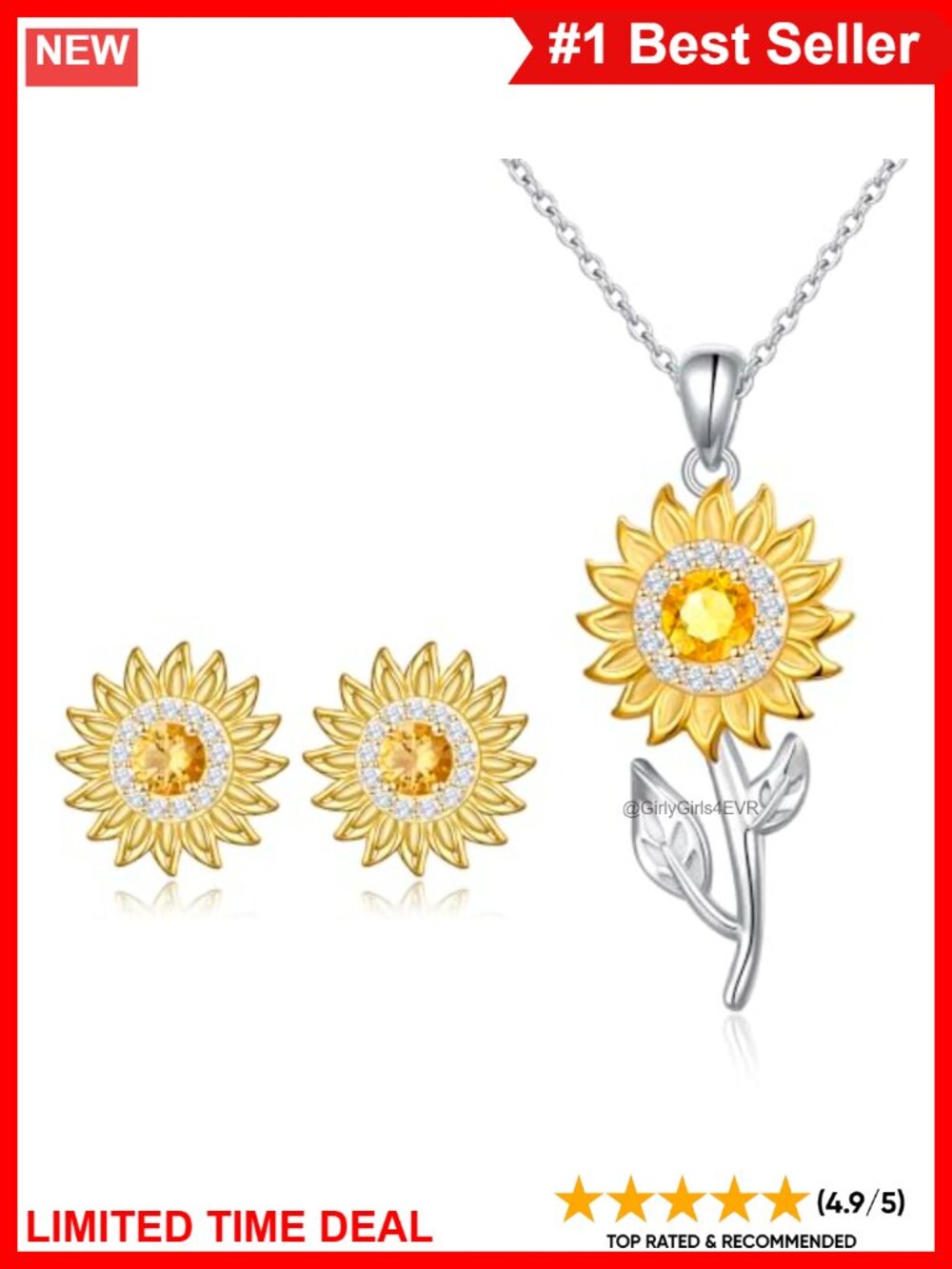 Sterling Silver Sunflower Pendant Necklace & Stud Earrings Jewelry Set